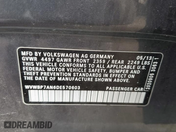 2013 Volkswagen CC Sport with VIN WVWBP7AN6DE570603, listed as a Copart auction lot 42858115 with 122,477 mi miles and Salvage Title. Bid and sale history available at carsss.com. Image 13.