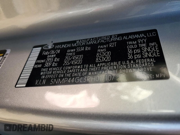 2024 Hyundai Santa Fe Limited z VIN 5NMP44GL3RH017107, wystawiony jako Copart lot #47142385 z przebiegiem 21 754 mil mil oraz Szkoda całkowita • Salvage title. Historia ofert i sprzedaży dostępna na DreamBid. Obrazek 15.