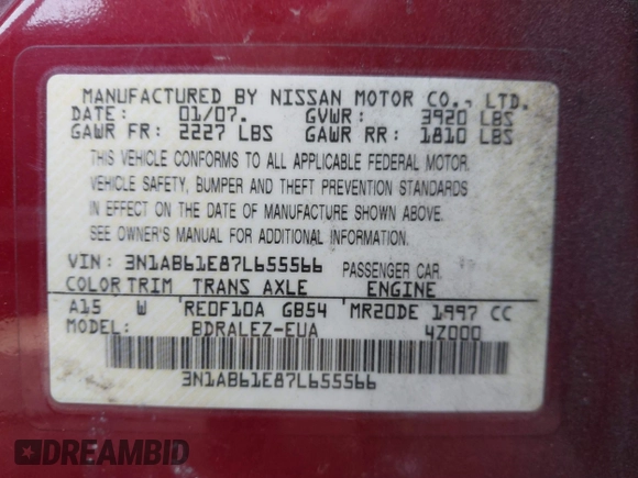 2007 Nissan Sentra 2.0 with VIN 3N1AB61E87L655566, listed as a IAAI auction lot 41327572 with 186,318 mi miles and . Bid and sale history available at DreamBid. Image 9.
