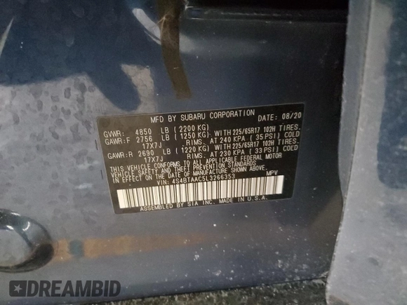 2020 Subaru Outback with VIN 4S4BTAAC5L3266353, listed as a Copart auction lot 46193355 with 171,829 mi miles and Non repairable. Bid and sale history available at DreamBid. Image 15.