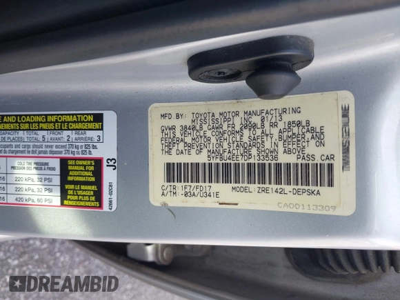 2013 Toyota Corolla L with VIN 5YFBU4EE7DP133536, listed as a IAAI auction lot 42067296 with 217,372 mi miles. Bid and sale history available at carsss.com. Image 9.