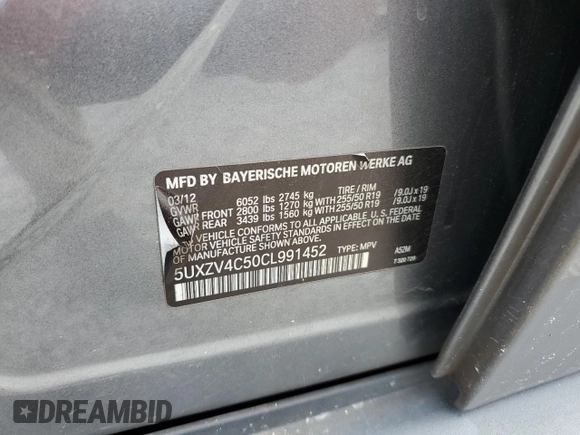 2012 BMW X5 35i with VIN 5UXZV4C50CL991452, listed as a Copart auction lot 56890265 with 147,019 mi miles and Salvage title. Bid and sale history available at DreamBid. Image 13.