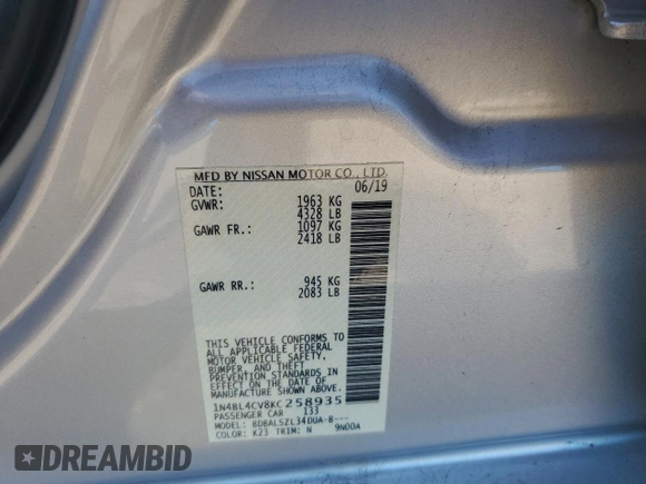 2019 Nissan Altima SR with VIN 1N4BL4CV8KC258935, listed as a Copart auction lot 70028694 with 97,267 mi miles and Salvage Title. Bid and sale history available at carsss.com. Image 12.