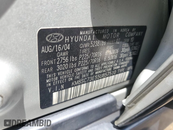 2005 Hyundai Santa Fe GLS с VIN KM8SC73E55U857510, выставлен на аукционе Copart как лот 56070805 с пробегом 150 597 миль миль и Списание • Salvage title. История ставок и продаж доступна на DreamBid. Изображение 13.