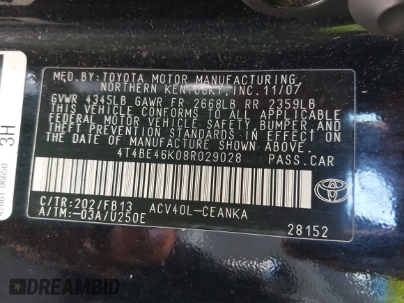 2008 Toyota Camry LE with VIN 4T4BE46K08R029028, listed as a IAAI auction lot 42017253 with Not Provided miles and . Bid and sale history available at DreamBid. Image 9.