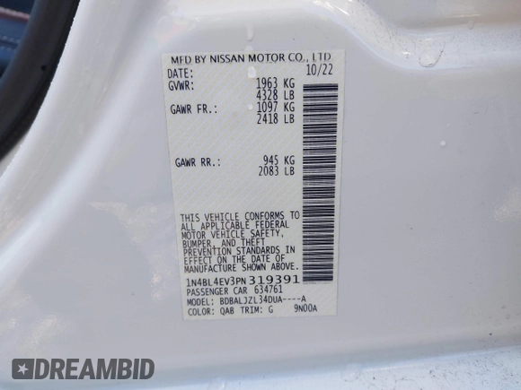 2023 Nissan Altima SL with VIN 1N4BL4EV3PN319391, listed as a IAAI auction lot 41532688 with 16,233 mi miles and . Bid and sale history available at DreamBid. Image 9.