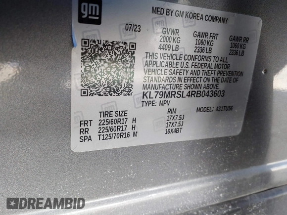 2024 Chevrolet TrailBlazer LT with VIN KL79MRSL4RB043603, listed as a IAAI auction lot 41812948 with 9,509 mi miles and . Bid and sale history available at DreamBid. Image 9.