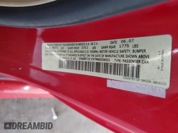 2007 Volkswagen Beetle with VIN 3VWRF31Y97M420601, listed as a Copart auction lot 45682535 with 149,629 mi miles and Salvage title. Bid and sale history available at DreamBid. Image 12.