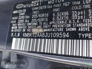 2018 Hyundai Kona SE with VIN KM8K12AA8JU109594, listed as a IAAI auction lot 41469529 with 102,111 mi miles and . Bid and sale history available at DreamBid. Image 9.