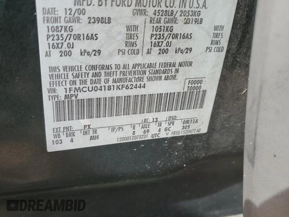 2001 Ford Escape XLT with VIN 1FMCU04181KF62444, listed as a Copart auction lot 55272615 with 265,129 mi miles and Salvage title. Bid and sale history available at DreamBid. Image 13.