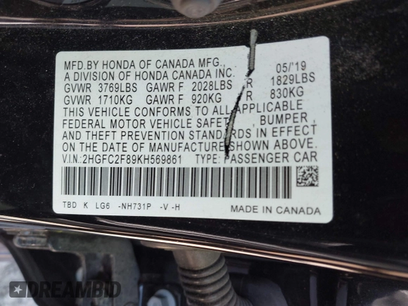 2019 Honda Civic Sport with VIN 2HGFC2F89KH569861, listed as a IAAI auction lot 41985114 with 104,880 mi miles and . Bid and sale history available at DreamBid. Image 9.