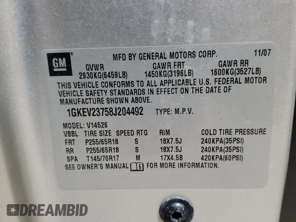 2008 GMC Acadia SLT1 with VIN 1GKEV23758J204492, listed as a Copart auction lot 51964395 with 176,323 mi miles and Salvage Title. Bid and sale history available at DreamBid. Image 15.