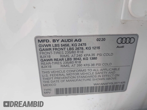 2020 Audi Q5 Premium with VIN WA1ANAFY0L2071405, listed as a IAAI auction lot 41672065 with 42,105 mi miles. Bid and sale history available at carsss.com. Image 9.