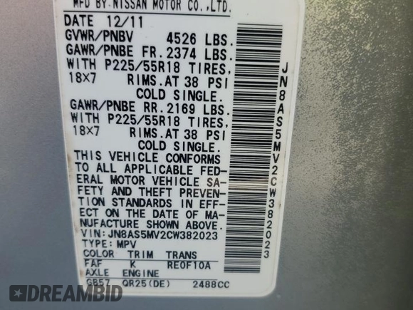 2012 Nissan Rogue S with VIN JN8AS5MV2CW382023, listed as a Copart auction lot 61042015 with 120,742 mi miles and Salvage title. Bid and sale history available at DreamBid. Image 13.