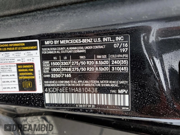 2017 Mercedes-Benz GLS 450 with VIN 4JGDF6EE1HA810438, listed as a Copart auction lot 68305714 with Not Provided miles and Salvage Title. Bid and sale history available at DreamBid. Image 13.