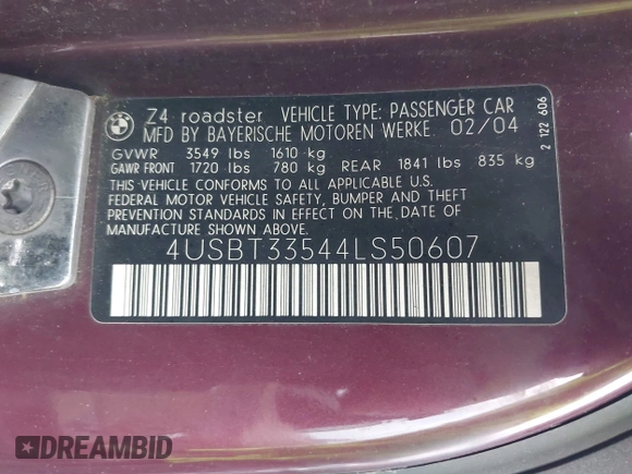 2004 BMW Z4 2.5i with VIN 4USBT33544LS50607, listed as a IAAI auction lot 42055929 with 156,585 mi miles. Bid and sale history available at carsss.com. Image 9.