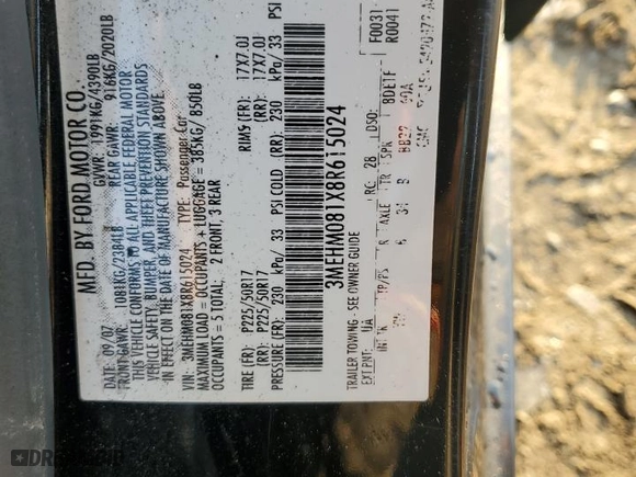 2008 Mercury Milan Premier with VIN 3MEHM081X8R615024, listed as a Copart auction lot 43579995 with 105,862 mi miles and Salvage Title. Bid and sale history available at carsss.com. Image 15.