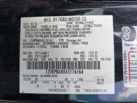 2010 Ford Mustang V6 с VIN 1ZVBP8ANXA5176164, выставлен на аукционе IAAI как лот 42217134 с пробегом 135 993 миль миль и . История ставок и продаж доступна на DreamBid. Изображение 9.