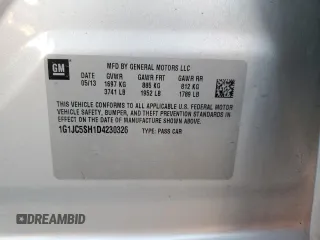 2013 Chevrolet Sonic LT with VIN 1G1JC5SH1D4230326, listed as a Copart auction lot 49828425 with 187,543 mi miles and Salvage Title. Bid and sale history available at DreamBid. Image 14.