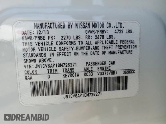 2013 Infiniti G37 Journey with VIN JN1CV6AP1DM726271, listed as a Copart auction lot 55510275 with 90,145 mi miles and Salvage title. Bid and sale history available at DreamBid. Image 13.