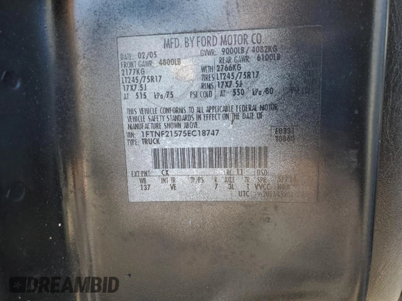 2005 Ford F-250 XL with VIN 1FTNF21575EC18747, listed as a Copart auction lot 78152474 with 52,950 mi miles and Salvage Title. Bid and sale history available at DreamBid. Image 12.