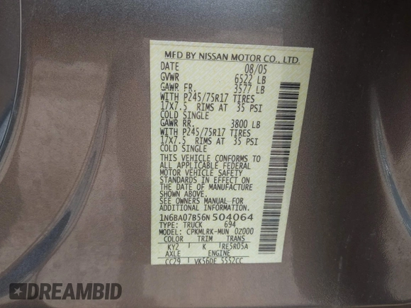 2006 Nissan Titan SE z VIN 1N6BA07B56N504064, wystawiony jako IAAI lot #42479075 z przebiegiem 156 983 mil mil oraz . Historia ofert i sprzedaży dostępna na DreamBid. Obrazek 9.