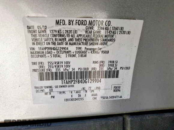 2013 Ford Taurus Limited with VIN 1FAHP2F84DG129904, listed as a Copart auction lot 58218205 with 105,877 mi miles and Salvage title. Bid and sale history available at DreamBid. Image 12.
