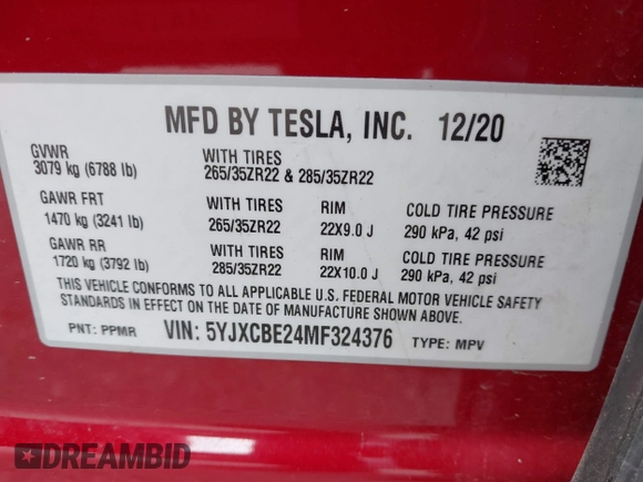 2021 Tesla Model X Long Range Plus with VIN 5YJXCBE24MF324376, listed as a IAAI auction lot 42034108 with Not Provided miles and . Bid and sale history available at carsss.com. Image 9.
