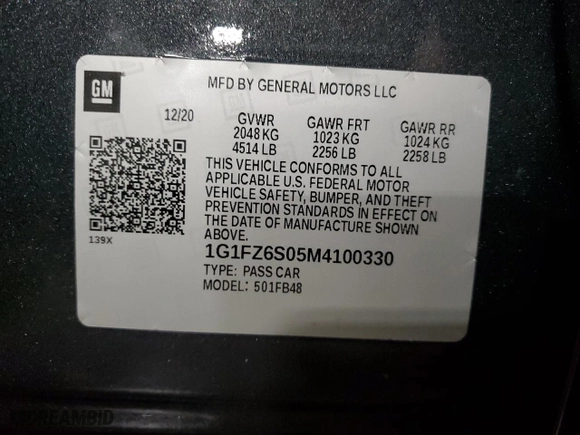2021 Chevrolet Bolt EV Premier with VIN 1G1FZ6S05M4100330, listed as a Copart auction lot 45376515 with 68,462 mi miles and Salvage Title. Bid and sale history available at carsss.com. Image 13.