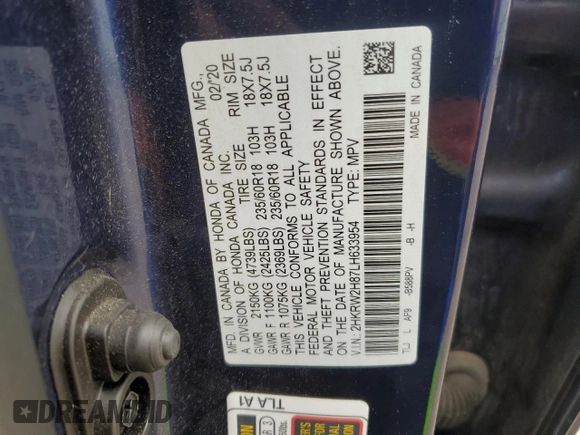 2020 Honda CR-V EX-L with VIN 2HKRW2H87LH633954, listed as a Copart auction lot 62471655 with 79,327 mi miles and Salvage title. Bid and sale history available at DreamBid. Image 14.
