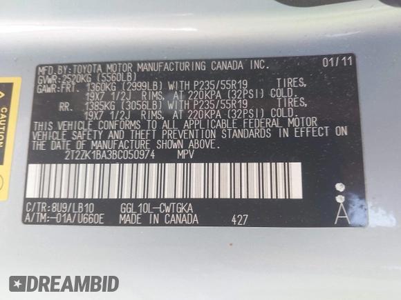 2011 Lexus RX 350 with VIN 2T2ZK1BA3BC050974, listed as a IAAI auction lot 41953000 with 152,933 mi miles and . Bid and sale history available at DreamBid. Image 9.