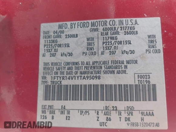 2000 Ford Ranger XL with VIN 1FTYR14V1YTA95098, listed as a IAAI auction lot 42119162 with 288,205 mi miles and . Bid and sale history available at carsss.com. Image 9.