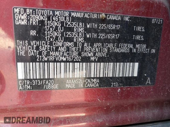 2021 Toyota RAV4 XLE with VIN 2T3W1RFV0MW167202, listed as a Copart auction lot 48779125 with 71,349 mi miles and Salvage Title. Bid and sale history available at carsss.com. Image 13.
