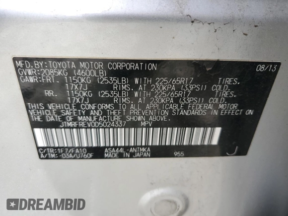 2013 Toyota RAV4 XLE with VIN JTMRFREV0D5024337, listed as a Copart auction lot 51700935 with 123,173 mi miles and Salvage Title. Bid and sale history available at DreamBid. Image 15.