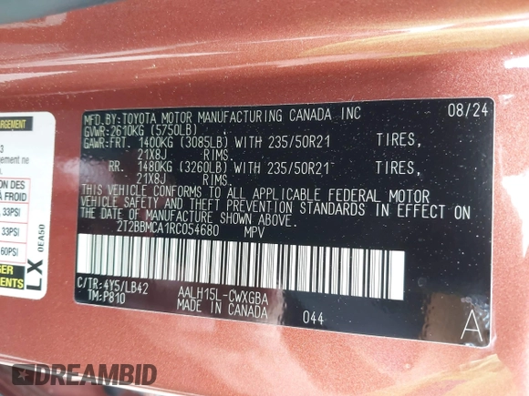 2024 Lexus RX 350h with VIN 2T2BBMCA1RC054680, listed as a IAAI auction lot 42157910 with 5,392 mi miles and . Bid and sale history available at DreamBid. Image 9.