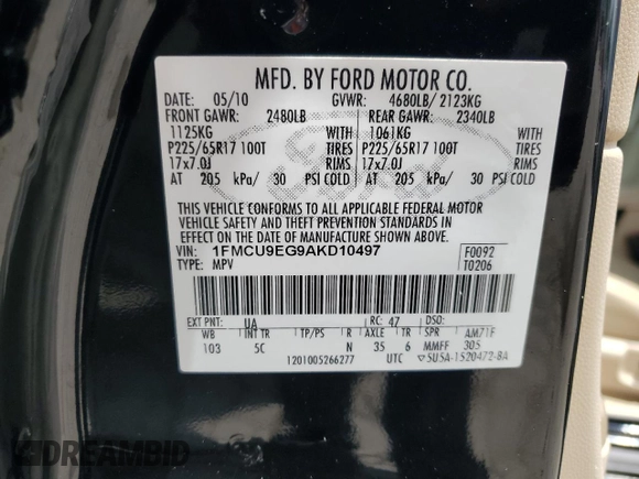 2010 Ford Escape Limited with VIN 1FMCU9EG9AKD10497, listed as a Copart auction lot 57817504 with 185,748 mi miles and Salvage title. Bid and sale history available at DreamBid. Image 13.