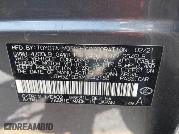 2021 Lexus IS 350 F Sport with VIN JTHGZ1B2XM5042188, listed as a IAAI auction lot 42529891 with 48,721 mi miles and . Bid and sale history available at DreamBid. Image 9.