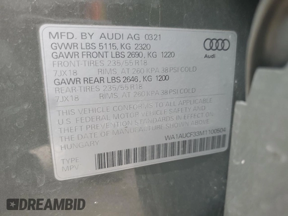 2021 Audi Q3 Premium with VIN WA1AUCF33M1100504, listed as a Copart auction lot 51975165 with 74,054 mi miles and Salvage Title. Bid and sale history available at carsss.com. Image 14.