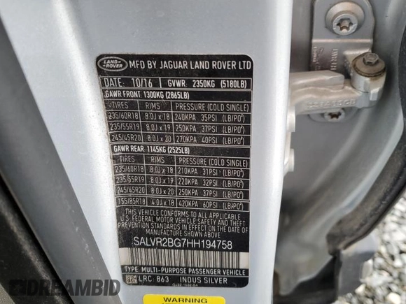 2017 Land Rover Range Rover Evoque HSE with VIN SALVR2BG7HH194758, listed as a Copart auction lot 43650385 with 86,222 mi miles and Salvage Title. Bid and sale history available at carsss.com. Image 13.