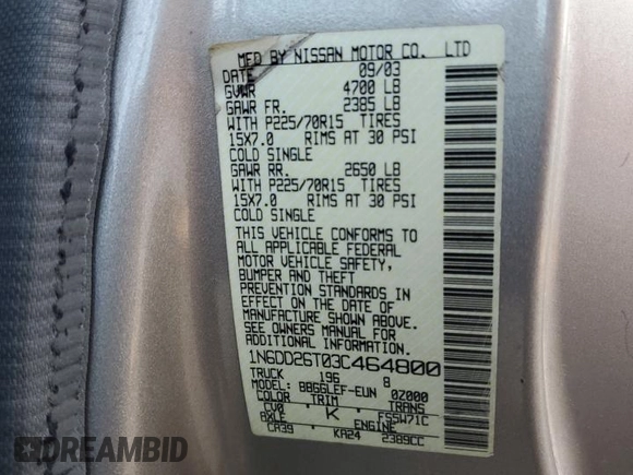 2003 Nissan Frontier XE with VIN 1N6DD26T03C464800, listed as a Copart auction lot 48980685 with Not provided miles and Clean title. Bid and sale history available at DreamBid. Image 12.