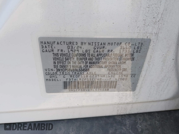 2024 Nissan Kicks S with VIN 3N1CP5BV8RL534588, listed as a IAAI auction lot 41832330 with 8,811 mi miles and . Bid and sale history available at carsss.com. Image 9.
