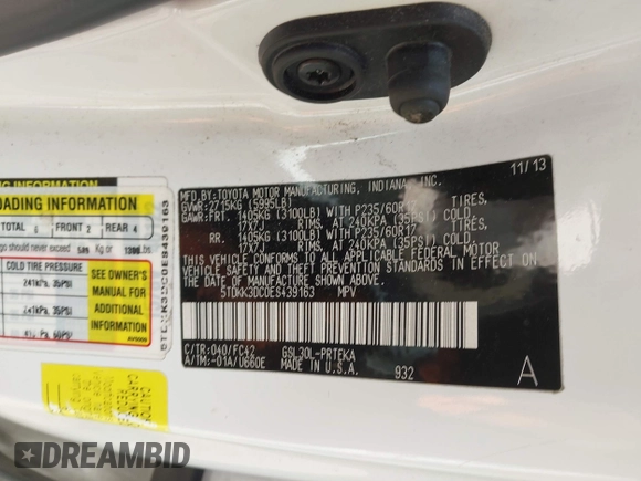 2014 Toyota Sienna LE AAS with VIN 5TDKK3DC0ES439163, listed as a IAAI auction lot 42155274 with Not provided miles and . Bid and sale history available at DreamBid. Image 9.