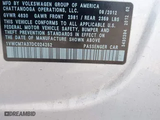 2013 Volkswagen Passat SEL Premium with VIN 1VWCM7A37DC024252, listed as a IAAI auction lot 41944978 with 168,616 mi miles. Bid and sale history available at carsss.com. Image 9.