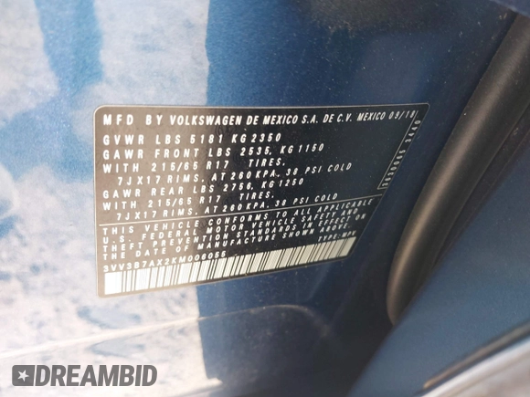 2019 Volkswagen Tiguan SE with VIN 3VV3B7AX2KM006055, listed as a IAAI auction lot 42023713 with 83,570 mi miles and . Bid and sale history available at DreamBid. Image 9.