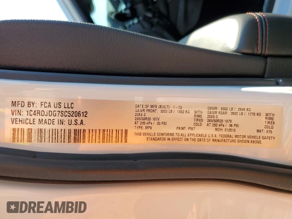 2025 Dodge Durango GT Plus z VIN 1C4RDJDG7SC520612, wystawiony jako Copart lot #57161915 z przebiegiem 241 mil mil oraz Szkoda całkowita • Salvage title. Historia ofert i sprzedaży dostępna na DreamBid. Obrazek 14.