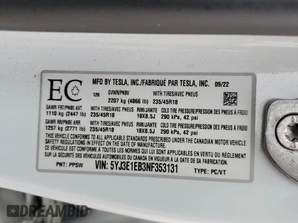 2022 Tesla Model 3 Long Range with VIN 5YJ3E1EB3NF353131, listed as a Copart auction lot 52582025 with 68,745 mi miles and Salvage Title. Bid and sale history available at carsss.com. Image 12.
