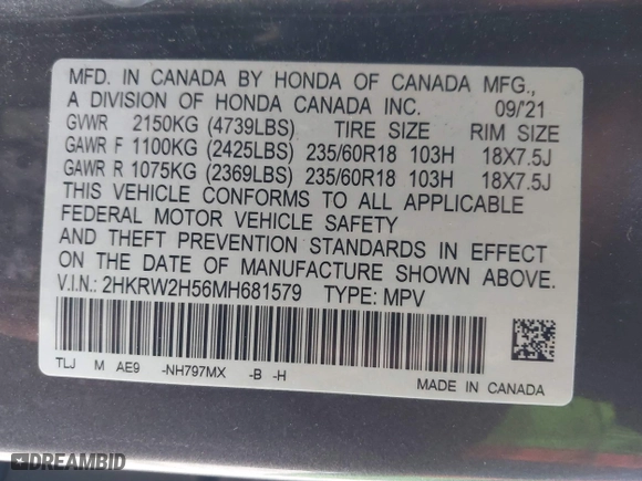 2021 Honda CR-V EX with VIN 2HKRW2H56MH681579, listed as a IAAI auction lot 42049132 with 1 mi miles. Bid and sale history available at carsss.com. Image 9.
