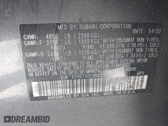 2022 Subaru Outback Premium with VIN 4S4BTADC9N3235928, listed as a IAAI auction lot 42160787 with 48,411 mi miles and . Bid and sale history available at DreamBid. Image 9.