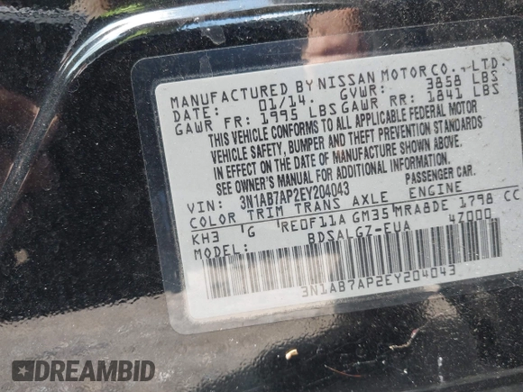 2014 Nissan Sentra S with VIN 3N1AB7AP2EY204043, listed as a IAAI auction lot 39647429 with 148,963 mi miles and . Bid and sale history available at DreamBid. Image 9.