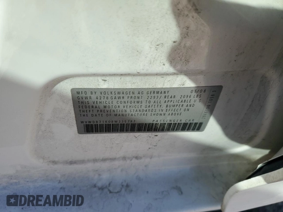 2008 Volkswagen Rabbit S with VIN WVWDB71K08W335787, listed as a Copart auction lot 80062754 with 145,248 mi miles and Salvage title. Bid and sale history available at DreamBid. Image 14.